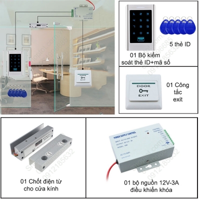 Bộ khóa chốt cửa kính kèm kiểm soát mở cửa bằng thẻ ID-mã số, nguồn điều khiển 12V-3A BCCK.ID06