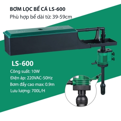 Bộ máy bơm lọc nước bể cá cảnh kiêm cung cấp khí LS600, bơm không chổi than 10W/220V