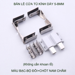 Bản lề tủ kính không khoan lỗ bằng inox và thép mạ kèm chốt nam châm, dùng cho cửa đôi (2 cánh)