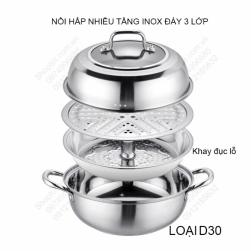 Bộ nồi hấp đa năng nhiều tầng D30 bằng inox dùng được cho bếp từ, đáy 3 lớp