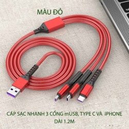 Cáp sạc nhanh 3 in 1 vỏ bọc dù siêu bền 66W, dài 1.2m