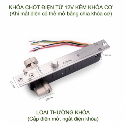 Khóa chốt cửa điện từ thường khóa 12VDC có độ trễ 0-3-6-9 giây, loại 5 dây có kèm cả khóa cơ (mất điện mở bằng chìa khóa cơ)