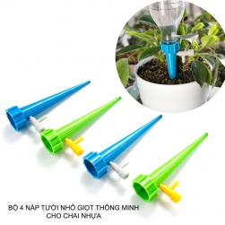 Bộ 4 nắp tưới nhỏ giọt thông minh cho chai nhựa, có van điều chỉnh lưu lượng