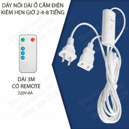 Dây nối dài ổ cắm điện kiêm hẹn giờ tự tắt 2-4-8 giờ, dài 3.0m, loại có điều khiển từ xa (remote)
