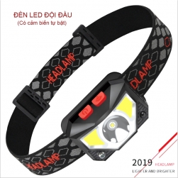 Đèn Pin LED đội đầu cảm ứng T069, 3 bóng led (1XPE+2COB) - pin sạc gắn bên trong