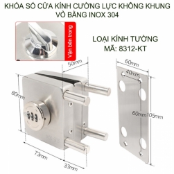 Khóa số cửa kính cường lực không khung bằng inox 304, khóa ngoài, chốt vặn trong (8312-cửa xoay loại KÍNH-TƯỜNG)