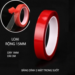 Băng dính 2 mặt loại acrylic trong suốt, chịu nhiệt, chịu lực (dày 1mm, dài 3m, rộng 15mm)