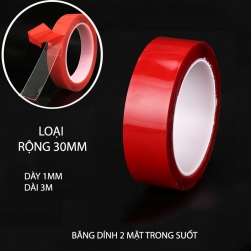 Băng dính 2 mặt loại acrylic trong suốt, chịu nhiệt, chịu lực (dày 1mm, dài 3m, rộng 30mm)