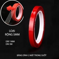Băng dính 2 mặt loại acrylic trong suốt, chịu nhiệt, chịu lực (dày 1mm, dài 3m, rộng 5mm)