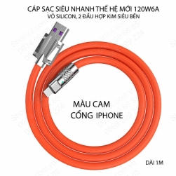 Cáp sạc siêu nhanh thế hệ mới 120W6A, vỏ silicon, 2 đầu bằng hợp kim rất bền, dài 1m (IPhone)