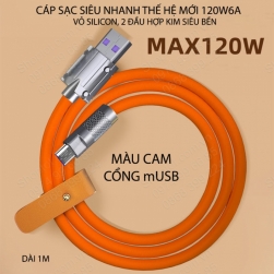 Cáp sạc siêu nhanh thế hệ mới 120W6A, vỏ silicon, 2 đầu bằng hợp kim rất bền, dài 1m (cổng mUSB)