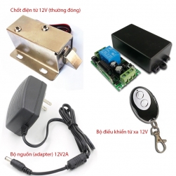 Bộ khóa cửa điện từ thường đóng, bộ điều khiển từ xa 12V và bộ nguồn (adapter) 12V2A